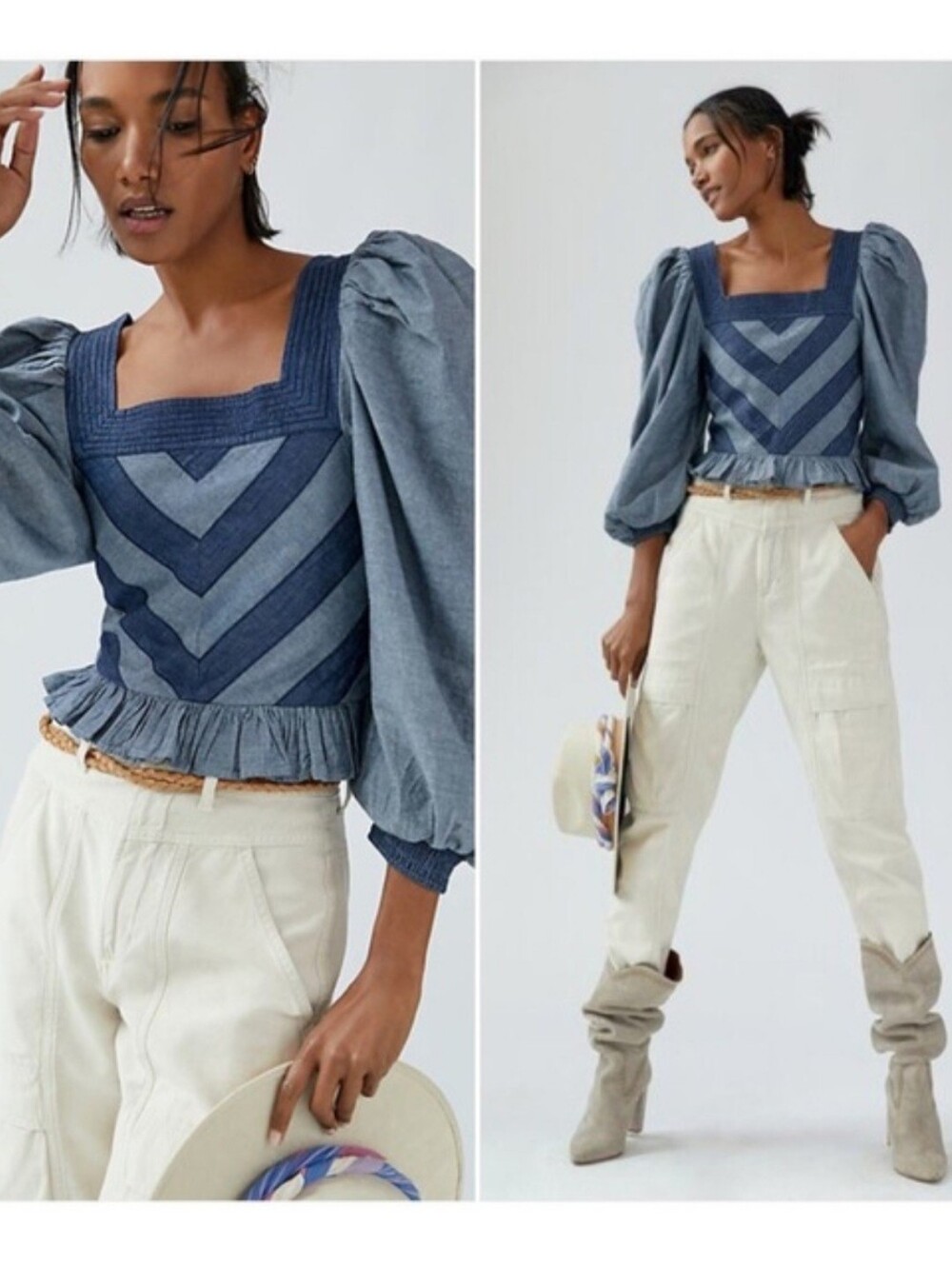 NWT ANTHROPOLOGIE LOVE THE LABEL SMOCKED PUFF- SLEEVE BLOUSE IN DENIM